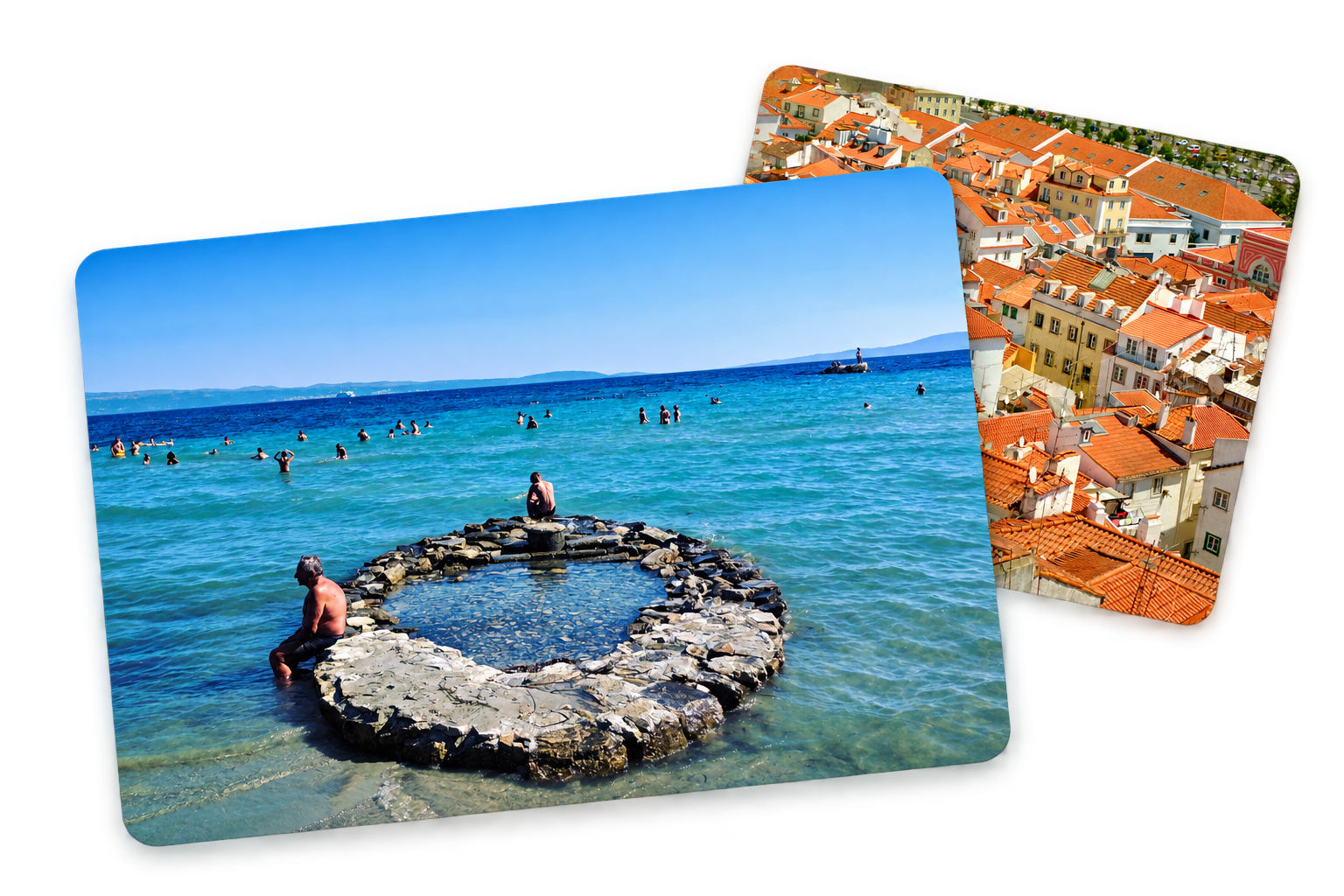 Overlapping travel photographs of the Split coastline and Lisbon rooftops